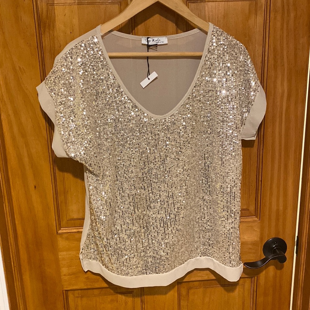 Designer Gigi Moda sequin top in neutral.